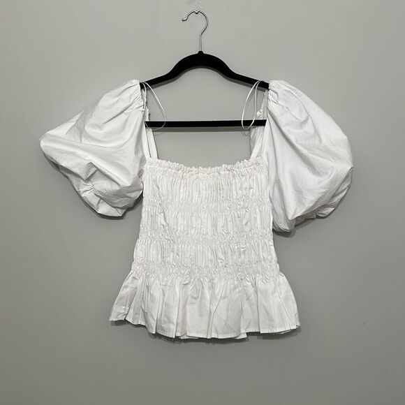 ASTR The Label‎ Womens White Square Neck Bubble Sleeve Smocked Blouse Small - Picture 1 of 8